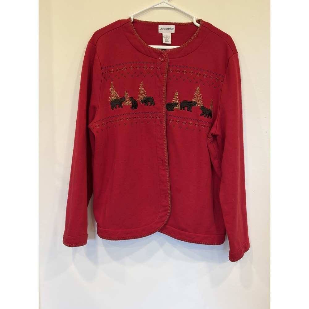 Breckenridge Bear Embroidered Cardigan Red Woodland Cabin Lodgecore Cardigan XL